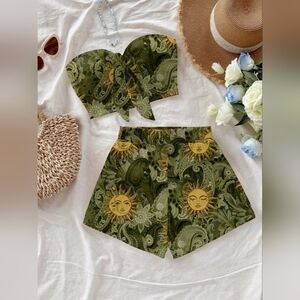 SHEIN Green and Yellow Patterned Women Shorts